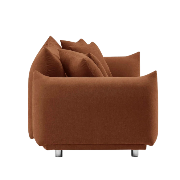 Modern rust upholstered sofa with deep seating and chrome-finished legs, featuring 4 matching accent pillows, perfect for contemporary living rooms.