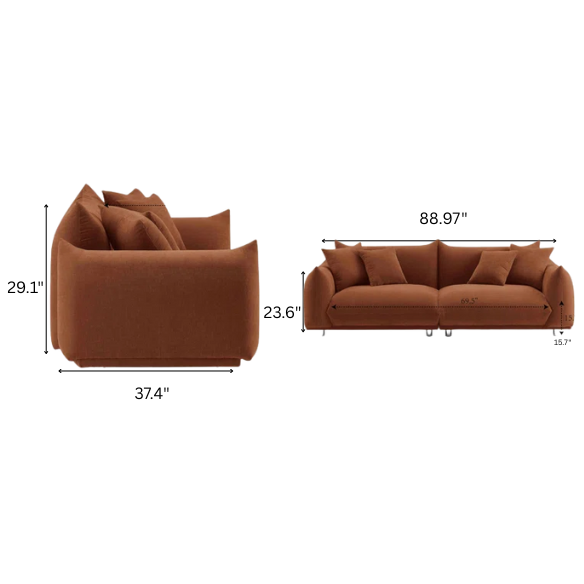 Modern rust upholstered sofa with deep seating and chrome-finished legs, featuring 4 matching accent pillows, perfect for contemporary living rooms.