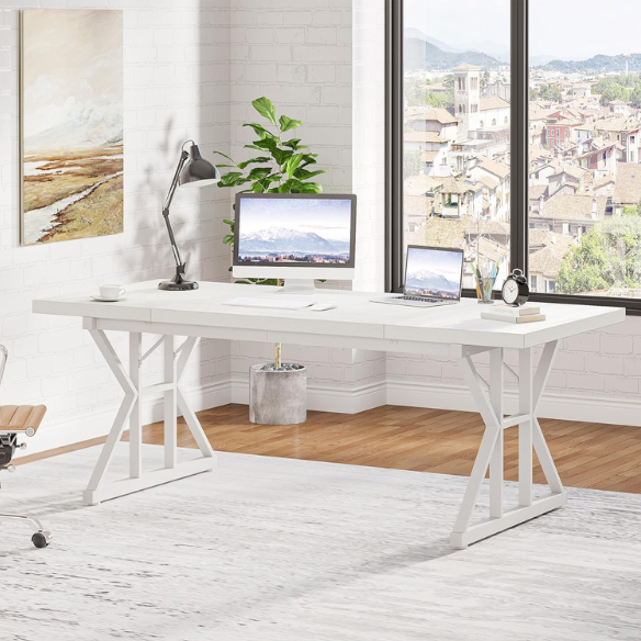 Modern white computer desk with alloy steel frame, spacious writing surface, and 3 drawers for home office or gaming.