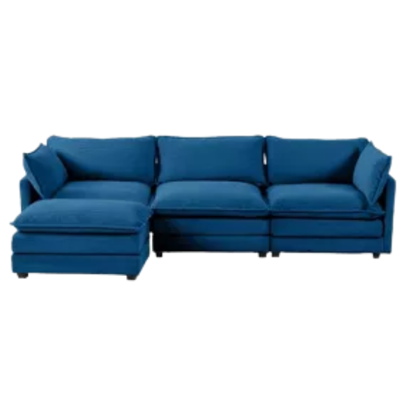 Three-seater navy blue corduroy modular sectional sofa with movable ottoman, modern L-shaped couch for living room with plush cushions and wood-metal frame.