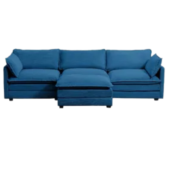 Three-seater navy blue corduroy modular sectional sofa with movable ottoman, modern L-shaped couch for living room with plush cushions and wood-metal frame.