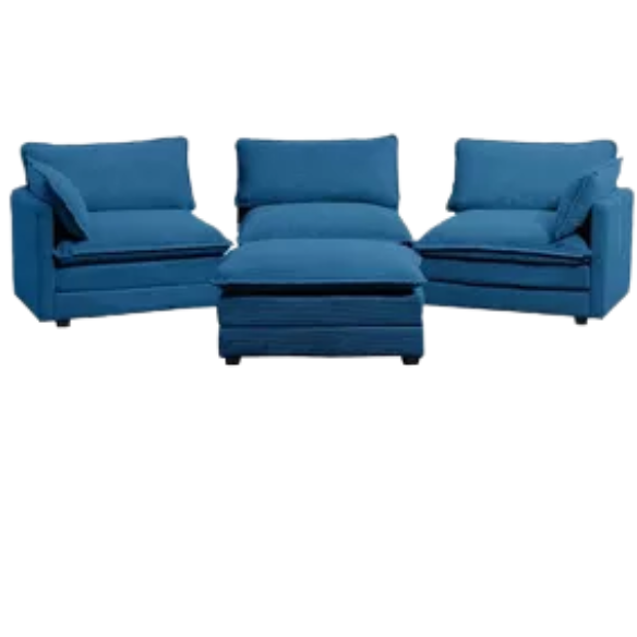 Three-seater navy blue corduroy modular sectional sofa with movable ottoman, modern L-shaped couch for living room with plush cushions and wood-metal frame.