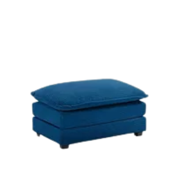 Three-seater navy blue corduroy modular sectional sofa with movable ottoman, modern L-shaped couch for living room with plush cushions and wood-metal frame.