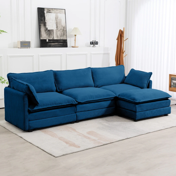 Three-seater navy blue corduroy modular sectional sofa with movable ottoman, modern L-shaped couch for living room with plush cushions and wood-metal frame.