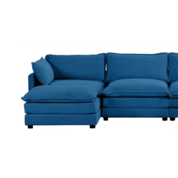 Three-seater navy blue corduroy modular sectional sofa with movable ottoman, modern L-shaped couch for living room with plush cushions and wood-metal frame.