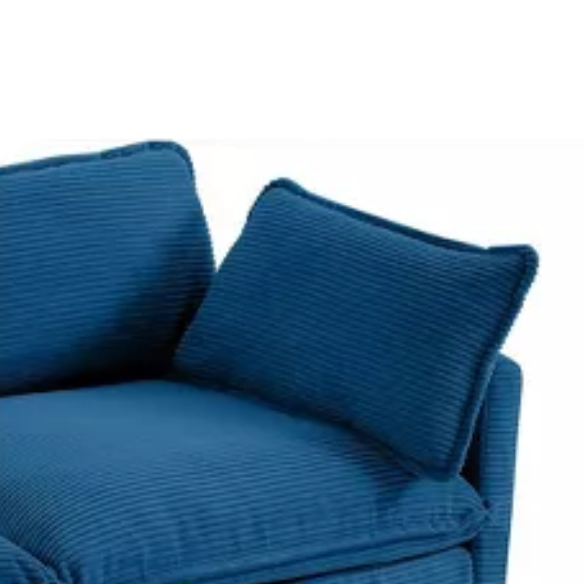 Three-seater navy blue corduroy modular sectional sofa with movable ottoman, modern L-shaped couch for living room with plush cushions and wood-metal frame.