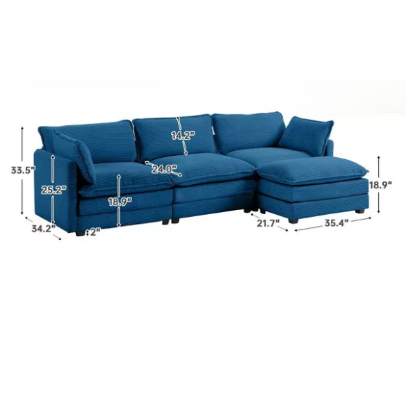 Three-seater navy blue corduroy modular sectional sofa with movable ottoman, modern L-shaped couch for living room with plush cushions and wood-metal frame.