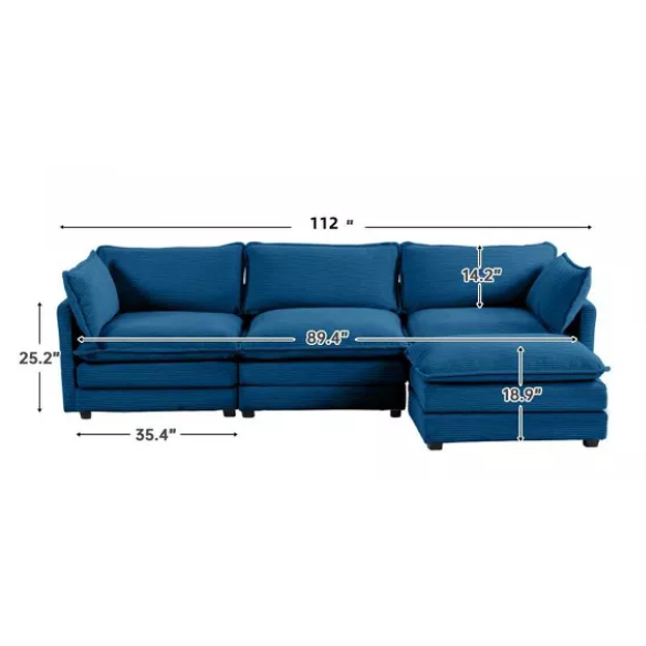 Three-seater navy blue corduroy modular sectional sofa with movable ottoman, modern L-shaped couch for living room with plush cushions and wood-metal frame.
