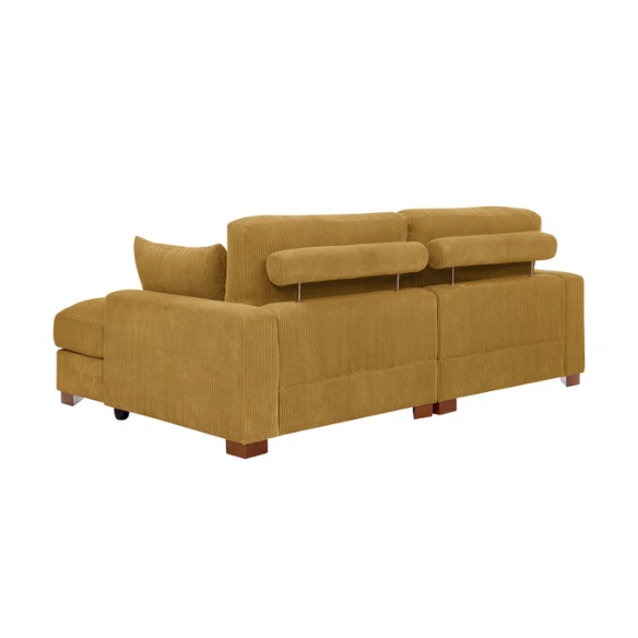 Mustard yellow corduroy convertible sleeper sofa with adjustable headrest, twin bed functionality, and mid-century wood legs