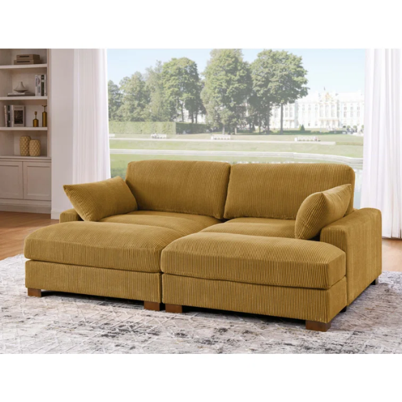 Mustard yellow corduroy convertible sleeper sofa with adjustable headrest, twin bed functionality, and mid-century wood legs