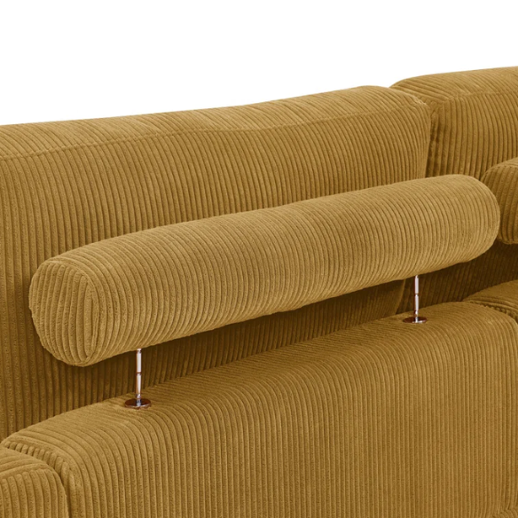 Mustard yellow corduroy convertible sleeper sofa with adjustable headrest, twin bed functionality, and mid-century wood legs