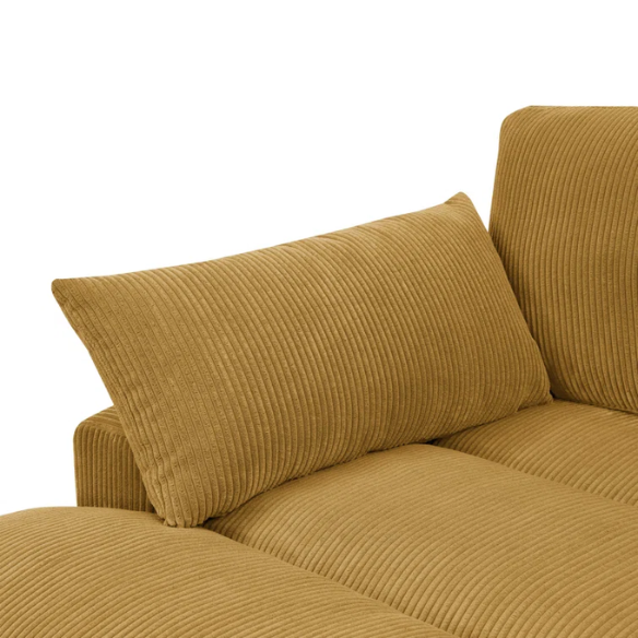 Mustard yellow corduroy convertible sleeper sofa with adjustable headrest, twin bed functionality, and mid-century wood legs