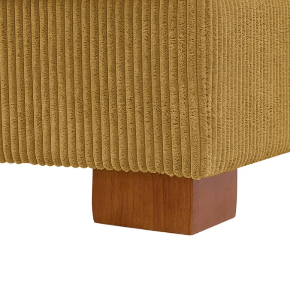 Mustard yellow corduroy convertible sleeper sofa with adjustable headrest, twin bed functionality, and mid-century wood legs