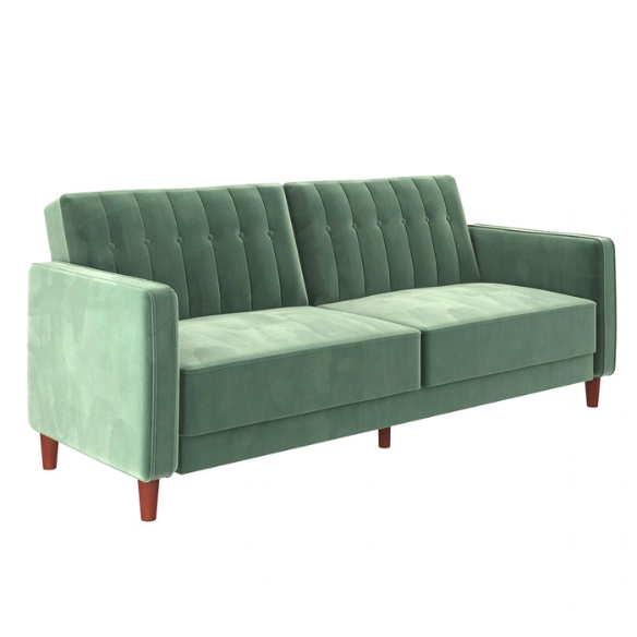 Muted green velvet convertible sofa featuring vertical tufting, square arms, split-back reclining design, and wood tapered legs with twin-size sleeper functionality.