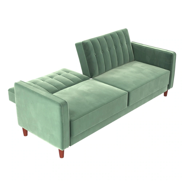 Muted green velvet convertible sofa featuring vertical tufting, square arms, split-back reclining design, and wood tapered legs with twin-size sleeper functionality.