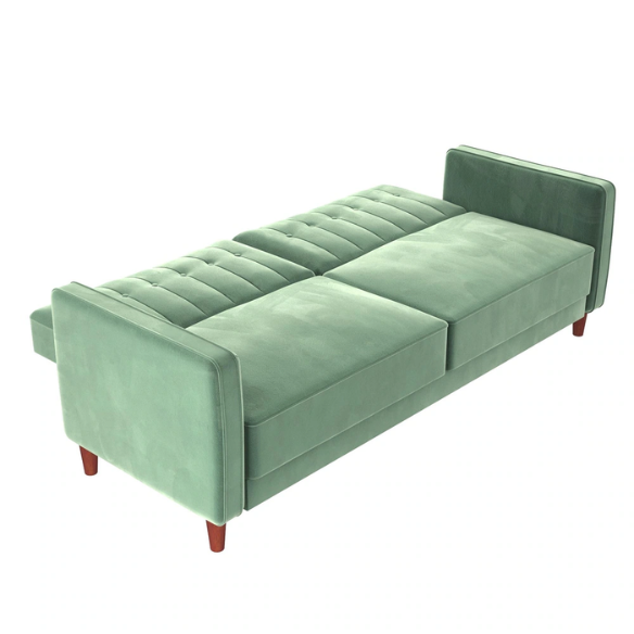 Muted green velvet convertible sofa featuring vertical tufting, square arms, split-back reclining design, and wood tapered legs with twin-size sleeper functionality.