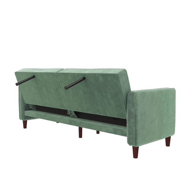 Muted green velvet convertible sofa featuring vertical tufting, square arms, split-back reclining design, and wood tapered legs with twin-size sleeper functionality.