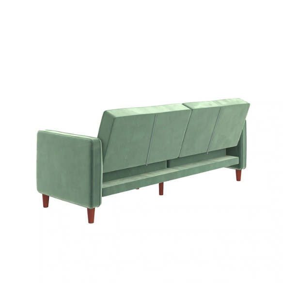 Muted green velvet convertible sofa featuring vertical tufting, square arms, split-back reclining design, and wood tapered legs with twin-size sleeper functionality.