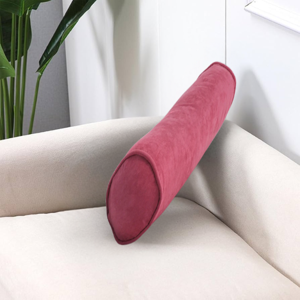 Set of 2 muted red bolster pillows with soft microsuede covers, corded edges, and plush polyester fill, ideal for cozy indoor décor and modern styling.