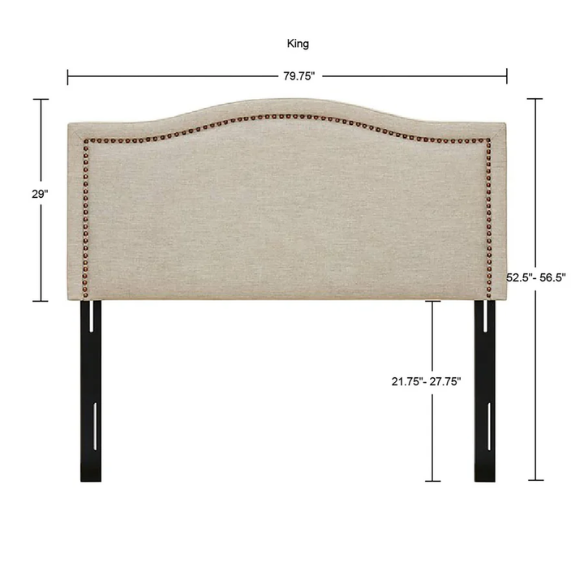 Natural beige upholstered king headboard with curved silhouette, silver nailhead trim, and adjustable metal legs for bed frame mounting