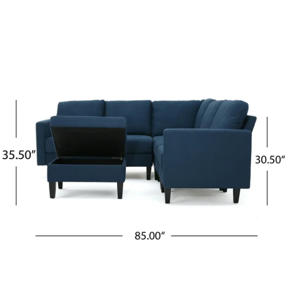 Modern navy blue 5-piece modular sectional sofa set with ottoman and birch wood legs