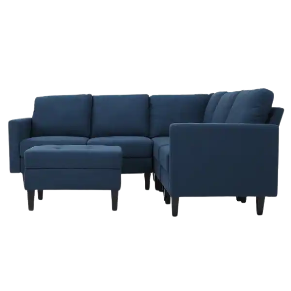 Modern navy blue 5-piece modular sectional sofa set with ottoman and birch wood legs