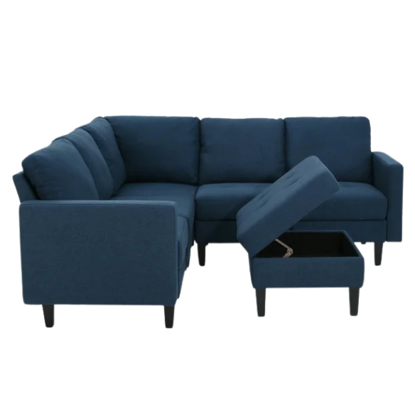 Modern navy blue 5-piece modular sectional sofa set with ottoman and birch wood legs