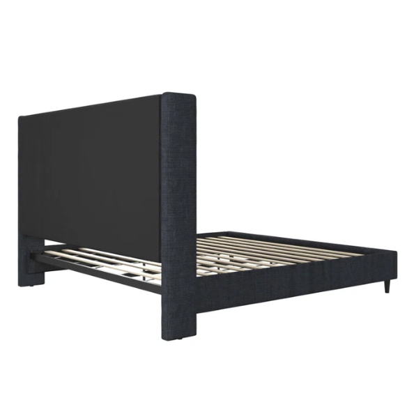 Navy blue canvas upholstered king platform bed with tall wingback headboard, no box spring required
