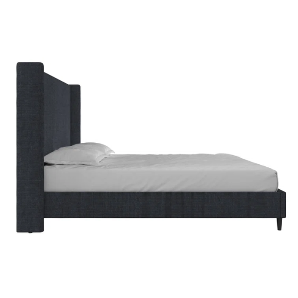 Navy blue canvas upholstered king platform bed with tall wingback headboard, no box spring required