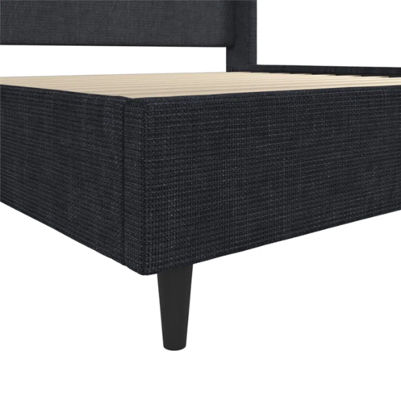 Navy blue canvas upholstered king platform bed with tall wingback headboard, no box spring required