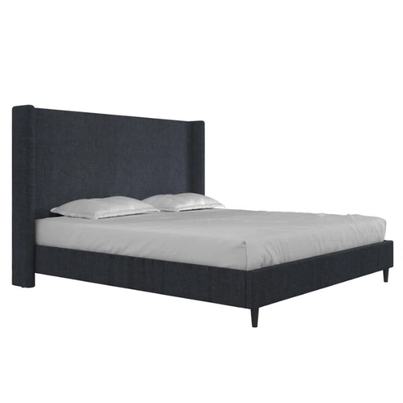 Navy blue canvas upholstered king platform bed with tall wingback headboard, no box spring required