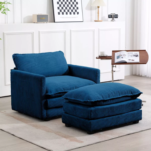 Navy blue corduroy accent chair with matching ottoman, featuring plush upholstery, modern design, and high-resilience foam for comfort and support.
