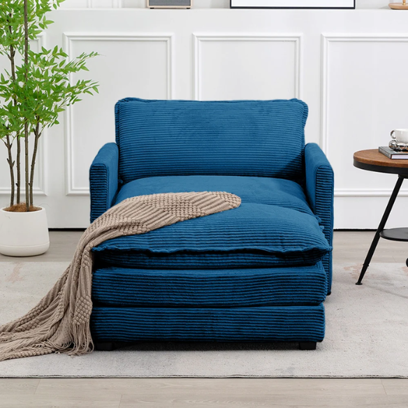 Navy blue corduroy accent chair with matching ottoman, featuring plush upholstery, modern design, and high-resilience foam for comfort and support.