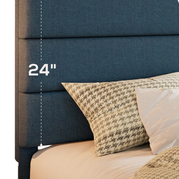 Navy blue king-size upholstered platform bed with rectangular headboard, padded linen-blend fabric, and slat support system