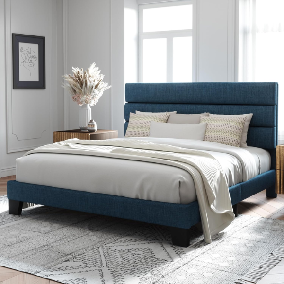 Navy blue king-size upholstered platform bed with rectangular headboard, padded linen-blend fabric, and slat support system