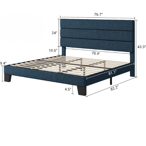 Navy blue king-size upholstered platform bed with rectangular headboard, padded linen-blend fabric, and slat support system