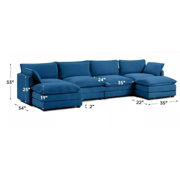 Navy blue 4-seat modular sectional sofa with two matching ottomans, upholstered in plush corduroy with durable wood and metal frame and high-density sponge cushions.