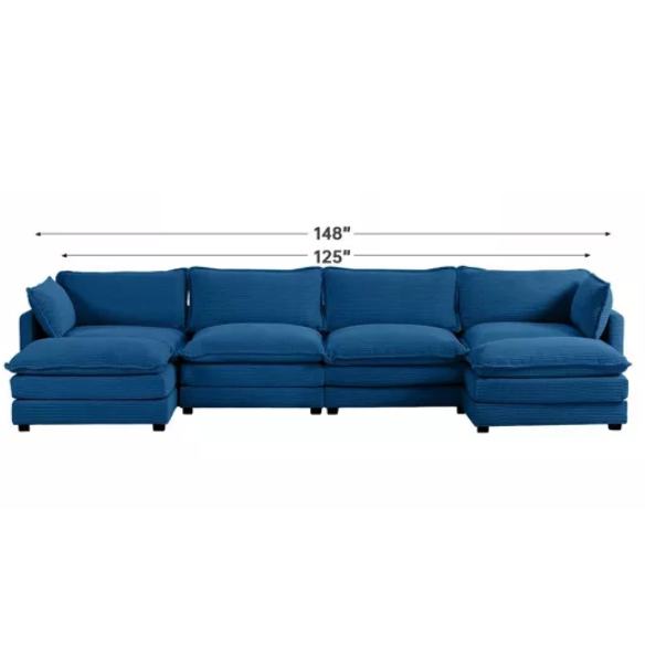 Navy blue 4-seat modular sectional sofa with two matching ottomans, upholstered in plush corduroy with durable wood and metal frame and high-density sponge cushions.
