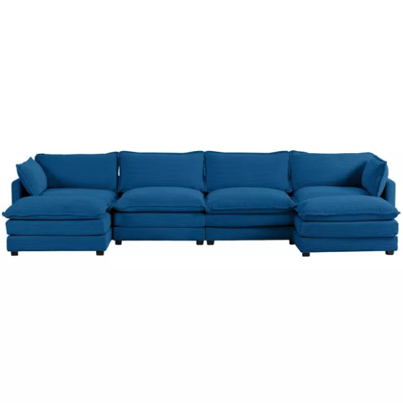 Navy blue 4-seat modular sectional sofa with two matching ottomans, upholstered in plush corduroy with durable wood and metal frame and high-density sponge cushions.