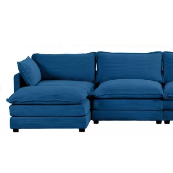 Navy blue 4-seat modular sectional sofa with two matching ottomans, upholstered in plush corduroy with durable wood and metal frame and high-density sponge cushions.