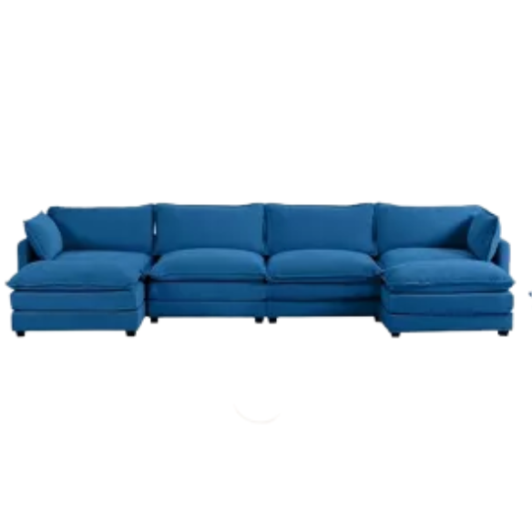 Navy blue 4-seat modular sectional sofa with two matching ottomans, upholstered in plush corduroy with durable wood and metal frame and high-density sponge cushions.