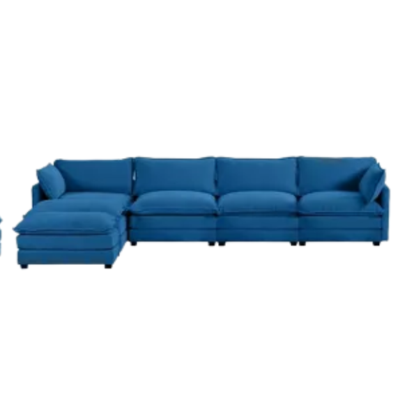 Navy blue 4-seat modular sectional sofa with two matching ottomans, upholstered in plush corduroy with durable wood and metal frame and high-density sponge cushions.
