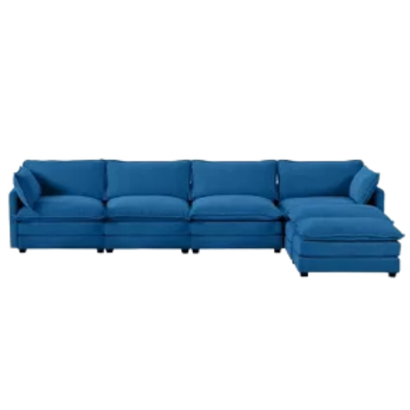 Navy blue 4-seat modular sectional sofa with two matching ottomans, upholstered in plush corduroy with durable wood and metal frame and high-density sponge cushions.