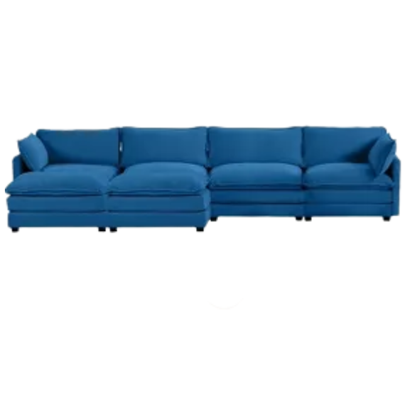 Navy blue 4-seat modular sectional sofa with two matching ottomans, upholstered in plush corduroy with durable wood and metal frame and high-density sponge cushions.