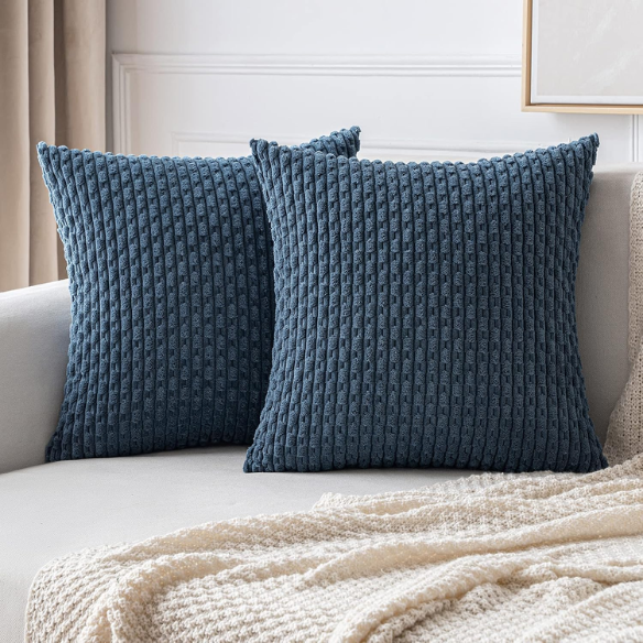 Stylish navy blue striped corduroy throw pillow cover with zipper closure, perfect for modern and boho home décor.