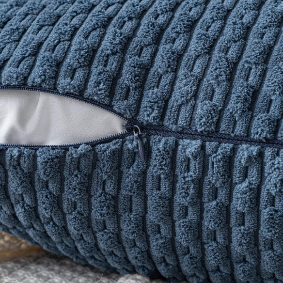Stylish navy blue striped corduroy throw pillow cover with zipper closure, perfect for modern and boho home décor.