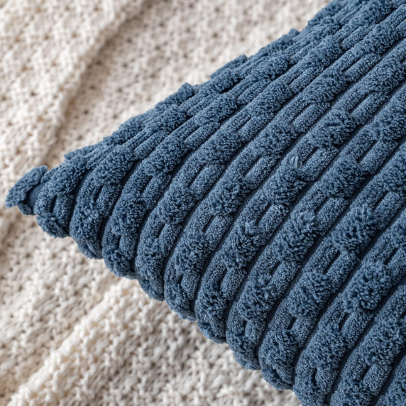 Stylish navy blue striped corduroy throw pillow cover with zipper closure, perfect for modern and boho home décor.