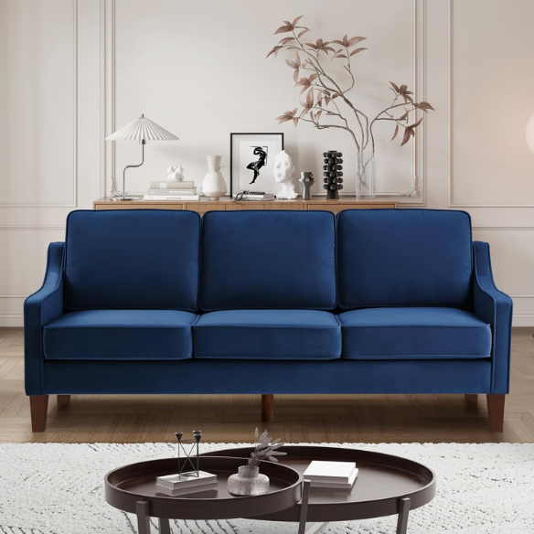 Elegant navy blue velvet 3-seater sofa with plush cushions, modern design, and wood frame – perfect for living rooms or formal lounges.