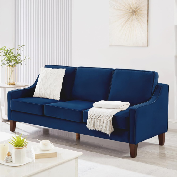 Elegant navy blue velvet 3-seater sofa with plush cushions, modern design, and wood frame – perfect for living rooms or formal lounges.