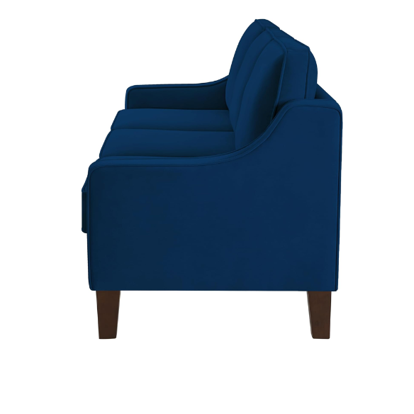 Elegant navy blue velvet 3-seater sofa with plush cushions, modern design, and wood frame – perfect for living rooms or formal lounges.